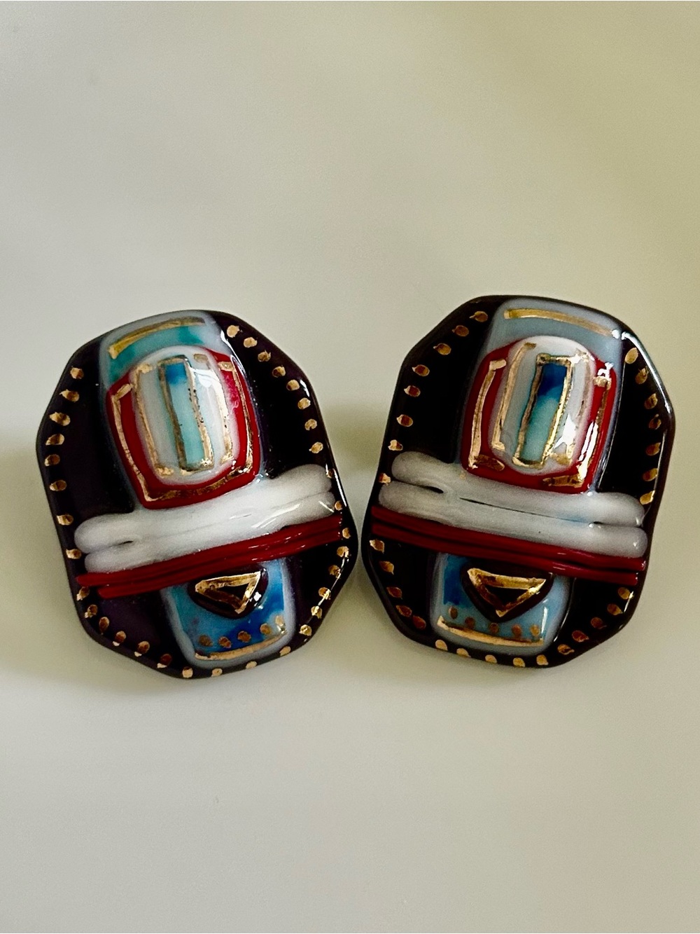 Vintage  Artist Signed Multicolored Painted Glass  Pierced Earrings